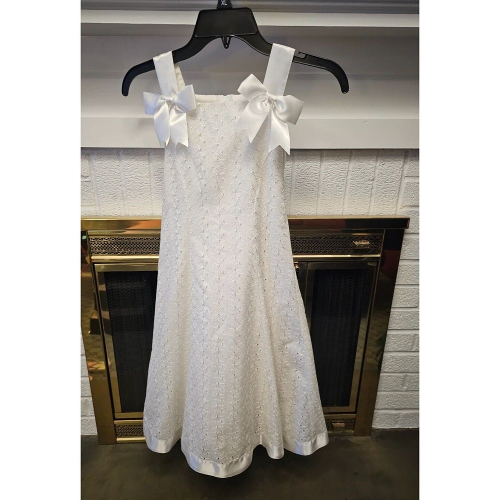 Bonnie Jean Girls White Eyelet White Satin Bows Built in Crinoline Size 7 EUC